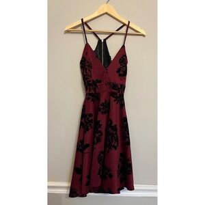Red Velvet Mini Dress Rose Blk Floral Whimsigoth Fairy Romantic Burnout Lace M